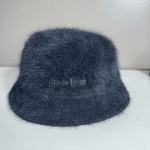 Vintage Y2K Bebe Angora Wool Bucket Hat Black Fuzzy Logo 2000s Retro